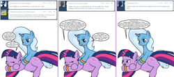 Size: 1808x800 | Tagged: safe, artist:dekomaru, imported from derpibooru, trixie, twilight sparkle, pony, tumblr:ask twixie, ask, female, lesbian, massage, pregnant, shipping, tumblr, twixie