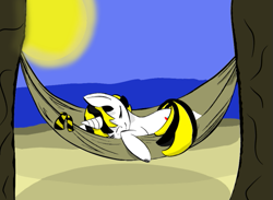 Size: 567x416 | Tagged: safe, artist:troggggggggggggggggy, imported from derpibooru, oc, oc only, oc:trogler kroglethorn, pony, unicorn, beach, clothes, cute, hammock, scarf, shading, sky, sleeping, sun, tree