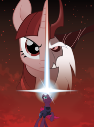 Size: 6108x8192 | Tagged: safe, artist:amarthgul, imported from derpibooru, storm king, tempest shadow, twilight sparkle, pony, unicorn, my little pony: the movie, absurd resolution, broken horn, eye scar, female, glowing horn, horn, looking up, magic, male, mare, movie poster, parody, raised hoof, scar, split screen, star wars, star wars: the last jedi, vector