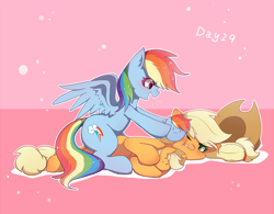 Size: 1280x1000 | Tagged: safe, artist:irenla, imported from derpibooru, applejack, rainbow dash, earth pony, pegasus, pony, annoyed, appledash, cowboy hat, duo, female, hat, lesbian, mare, shipping, simple background, smiling, stetson, toy