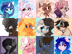 Size: 1280x960 | Tagged: safe, artist:plnetfawn, imported from derpibooru, oc, oc only, oc:alo equus, hybrid, abstract background, boop, bust, collage, cross-eyed, crying, curved horn, cute, female, group, male, mare, portrait, simple background, smiling, stallion, tongue out