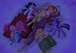 Size: 1145x800 | Tagged: safe, artist:the-park, imported from derpibooru, applejack, fluttershy, pinkie pie, rainbow dash, rarity, sunset shimmer, twilight sparkle, alicorn, earth pony, human, pegasus, pony, unicorn, equestria girls, barefoot, clothes, cuddle puddle, cuddling, cute, dashabetes, diapinkes, drool, eyes closed, feet, jackabetes, laying on bed, lying on bed, mane six, pajamas, pony pile, raribetes, shimmerbetes, shyabetes, simple background, sleep mask, sleeping, twiabetes, twilight sparkle (alicorn)