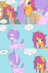 Size: 1600x2400 | Tagged: safe, artist:jake heritagu, imported from derpibooru, diamond tiara, scootaloo, pony, comic:ask motherly scootaloo, comic, hairpin, motherly scootaloo, ponyville, sweatshirt