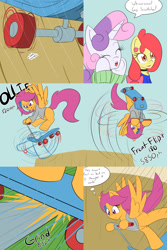 Size: 1600x2400 | Tagged: safe, artist:jake heritagu, imported from derpibooru, apple bloom, scootaloo, sweetie belle, pony, comic:ask motherly scootaloo, clothes, comic, hairpin, motherly scootaloo, scooter, sweater, sweatshirt