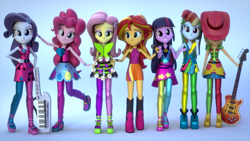 Size: 3840x2160 | Tagged: safe, artist:creatorofpony, artist:efk-san, imported from derpibooru, applejack, fluttershy, pinkie pie, rainbow dash, rarity, sunset shimmer, twilight sparkle, equestria girls, rainbow rocks, 3d, bass guitar, blender, clothes, guitar, hand on shoulder, high res, humane five, humane seven, humane six, keytar, legs, microphone, musical instrument, rainbow rocks outfit, sleeveless, tambourine