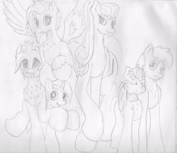 Size: 3934x3393 | Tagged: safe, artist:andandampersand, derpibooru exclusive, imported from derpibooru, oc, oc only, oc:aureai, oc:chip, oc:culls toxicity, oc:cyan lightning, oc:dee valerie, earth pony, pegasus, pony, unicorn, chest fluff, clothes, colt, female, fluffy, grayscale, male, mare, monochrome, silly, silly pony, stallion, traditional art, wings