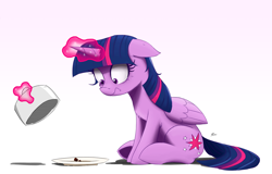 Size: 2300x1475 | Tagged: safe, artist:j24262756, imported from derpibooru, twilight sparkle, alicorn, pony, atg 2017, cake, female, floppy ears, food, levitation, magic, mare, newbie artist training grounds, scrunchy face, simple background, telekinesis, twilight sparkle (alicorn)