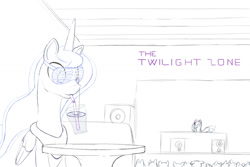 Size: 1125x750 | Tagged: safe, artist:stillwaterspony, imported from derpibooru, princess luna, alicorn, pony, atg 2017, cup, drink, drinking, female, lineart, mare, newbie artist training grounds, nightclub, partial color, rough, sketch, spread wings, wings