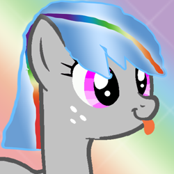 Size: 1024x1024 | Tagged: safe, imported from derpibooru, oc, oc only, oc:rainbow streak, pegasus, pony, 1000 hours in ms paint, femboy, freckles, gay pride, gradient background, gradient mane, happy, lgbt, male, ms paint, pink eyes, pride, rainbow background, rainbow hair, single, solo, sparkles, tongue out