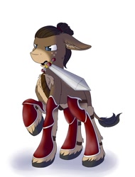 Size: 972x1280 | Tagged: safe, artist:melodis, imported from derpibooru, oc, oc only, oc:klonk the donk, donkey, pony, armor, simple background, sword, unshorn fetlocks, weapon, white background