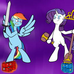 Size: 2500x2500 | Tagged: safe, artist:bennimarru, imported from derpibooru, rainbow dash, rarity, pegasus, pony, unicorn, armello, dice, female, fight, game, hammer, mare, staff, sword, weapon