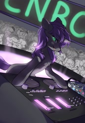 Size: 1406x2048 | Tagged: safe, artist:snowillusory, imported from derpibooru, oc, oc only, pony, unicorn, audience, chest fluff, china ponycon, disc jockey, disk jockey, glowing eyes, nightclub, performance, record, solo focus, turntable