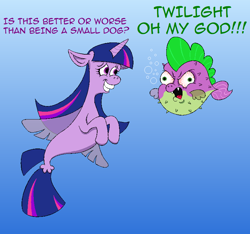 Size: 800x750 | Tagged: safe, artist:hellarmy, imported from derpibooru, spike, twilight sparkle, puffer fish, seapony (g4), equestria girls, my little pony: the movie, angry, funny, implied equestria girls, movie, ms paint, seaponified, seapony twilight, species swap, spike is not amused, spike the pufferfish, unamused, underwater