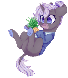 Size: 433x493 | Tagged: safe, artist:shiromidorii, imported from derpibooru, oc, oc only, oc:dawn, earth pony, pony, unicorn, animated, blinking, clothes, cute, featureless crotch, female, food, gif, mare, ocbetes, pineapple, pixel art, simple background, solo, spread legs, spreading, sweater, tail wag, transparent background