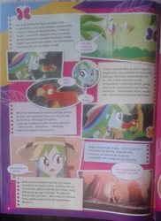 Size: 1163x1600 | Tagged: safe, imported from derpibooru, rainbow dash, parrot, eqg summertime shorts, equestria girls, leaping off the page, comic, jungle, midriff, official, polish, running, translated in the description