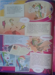 Size: 1176x1600 | Tagged: safe, imported from derpibooru, rainbow dash, eqg summertime shorts, equestria girls, leaping off the page, big no, clothes, comic, midriff, official, polish, screaming, short shirt, skirt, translated in the description