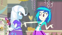 Size: 1920x1080 | Tagged: safe, artist:marian9, imported from derpibooru, dj pon-3, trixie, vinyl scratch, equestria girls, equestria girls (movie), alternate universe, duo, female, grin, scene interpretation, smiling