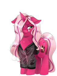 Size: 2344x3125 | Tagged: safe, artist:mrscurlystyles, imported from derpibooru, oc, oc only, oc:pynk hyde, pony, unicorn, clothes, commission, cute, female, floppy ears, guitaristpone, hair over one eye, hater, jacket, mare, pink coat, rocker, simple background