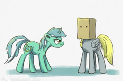 Size: 859x568 | Tagged: safe, artist:el-yeguero, imported from derpibooru, derpy hooves, lyra heartstrings, pegasus, pony, unicorn, abstract background, bag on head, disguise, duo, female, hidden, mare, paper bag, paper-thin disguise, suspicious