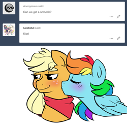 Size: 1300x1300 | Tagged: safe, artist:little-tweenframes, deleted from derpibooru, imported from derpibooru, applejack, rainbow dash, pony, series:cloudsdale symphony, appledash, bandana, blushing, cute, dashabetes, eyes closed, female, jackabetes, kissing, lesbian, mare, multicolored hair, shipping, smiling, tumblr