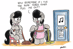 Size: 2250x1524 | Tagged: safe, artist:bobthedalek, imported from derpibooru, octavia melody, oc, oc:mixed melody, oc:octavia's mother, earth pony, pony, apron, clothes, door, duo, irony, rope, stool, traditional art, vacuum cleaner