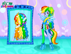 Size: 800x600 | Tagged: safe, artist:user15432, imported from derpibooru, rainbow dash, equestria girls, rainbow rocks, dress up, dress up game, dressup, dressup game, dressup games, enjoy dressup, new hair style, new hairstyle, pegasus wings, ponied up, rainbow hair, rainbow rocks outfit, show girlgames, solo, winged humanization, wings