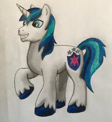 Size: 855x934 | Tagged: safe, artist:bozzerkazooers, imported from derpibooru, shining armor, pony, unicorn, male, raised hoof, solo, stallion, traditional art