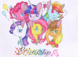 Size: 4468x3308 | Tagged: safe, artist:emypony, imported from derpibooru, applejack, fluttershy, pinkie pie, rainbow dash, rarity, twilight sparkle, alicorn, butterfly, earth pony, pegasus, pony, unicorn, apple, balloon, cowboy hat, crystal, female, food, friendship, hat, mane six, mare, marker drawing, simple background, traditional art, twilight sparkle (alicorn), white background