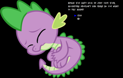 Size: 1346x856 | Tagged: safe, imported from derpibooru, spike, dragon, black background, continue, game over, knocked out, male, mother series, parody, rpg, simple background, solo, undertale, video game