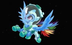 Size: 1500x938 | Tagged: safe, artist:egn, imported from derpibooru, rainbow dash, pegasus, pony, astrodash, astronaut, atg 2017, clothes, costume, equestria daily exclusive, female, newbie artist training grounds, open mouth, solo, space, spacesuit, spread wings, stars, wings