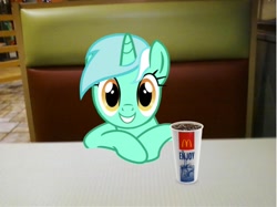 Size: 1037x777 | Tagged: safe, artist:jawsandgumballfan24, artist:kuren247, imported from derpibooru, lyra heartstrings, pony, unicorn, cup, drink, irl, looking at you, mcdonald's, paper cup, photo, ponies in real life, sitting, smiling, soda, solo