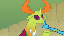 Size: 1920x1080 | Tagged: safe, imported from derpibooru, screencap, princess ember, thorax, changedling, changeling, dragon, triple threat, boop, cross-eyed, discovery family logo, finger, king thorax, out of context, shhh, shipping fuel, shush