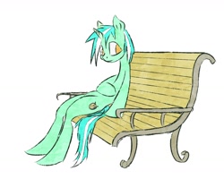 Size: 1344x1076 | Tagged: safe, artist:akweer, imported from derpibooru, lyra heartstrings, pony, unicorn, bench, female, hoof on belly, mare, no pupils, simple background, sitting, sitting lyra, solo, white background