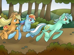 Size: 1024x768 | Tagged: safe, artist:lavenderrain24, imported from derpibooru, applejack, lyra heartstrings, rainbow dash, earth pony, pegasus, pony, unicorn, fall weather friends, bound wings, female, forest, mare, race, racing, rope, running, running of the leaves, winning