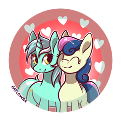 Size: 1024x1024 | Tagged: safe, artist:ratlovera, imported from derpibooru, bon bon, lyra heartstrings, sweetie drops, earth pony, pony, unicorn, best friends, button design, female, heart, lesbian, lyrabon, mare, shipping, smiling