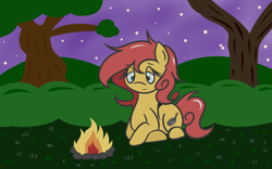 Size: 1600x1000 | Tagged: safe, artist:aletheiasan, imported from derpibooru, oc, oc only, oc:pan pare, earth pony, pony, atg 2017, bonfire, fire, forest, newbie artist training grounds, night, solo
