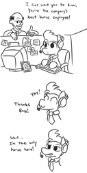 Size: 510x1005 | Tagged: safe, artist:jargon scott, imported from derpibooru, oc, oc only, oc:horsey husband, oc:human wifey, earth pony, human, pony, black and white, boss, comic, cubicle, dialogue, grayscale, headphones, headset, keyboard, monochrome, necktie, realization, simple background, white background