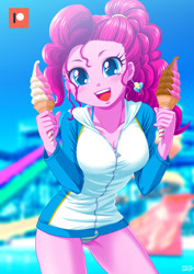Size: 707x1000 | Tagged: safe, artist:uotapo, imported from derpibooru, pinkie pie, equestria girls, bikini, breasts, cleavage, clothes, cute, diapinkes, ear piercing, earring, female, food, ice cream, ice cream cone, jewelry, looking at you, patreon, patreon logo, piercing, smiling, soft serve, solo, swimsuit, underass, water park