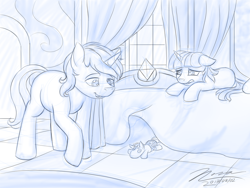Size: 1024x768 | Tagged: safe, artist:novaintellus, imported from derpibooru, shining armor, smarty pants, twilight sparkle, pony, unicorn, atg 2017, bedroom, brother and sister, duo, female, male, monochrome, newbie artist training grounds, sibling bonding, siblings, sketch, younger