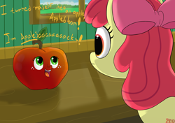Size: 1350x950 | Tagged: safe, artist:hc0, imported from derpibooru, apple bloom, applejack, pony, apple, applejack becoming an apple, cute, female, filly, food, jackabetes, mare, open mouth, pickle rick, rick and morty, silly, silly pony, smiling, that pony sure does love apples, who's a silly pony
