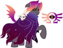 Size: 1022x781 | Tagged: safe, artist:salandrejerenity989, imported from derpibooru, oc, oc only, oc:panaffil von bunny, oc:spectral kamui, pony, black sclera, cutie mark, god of ruin, gradient hair, nebula cape, omega