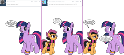 Size: 1808x800 | Tagged: safe, artist:dekomaru, imported from derpibooru, scootaloo, twilight sparkle, pegasus, pony, unicorn, tumblr:ask twixie, ask, clothes, comic, female, glasses, hipster, mare, pregnant, scarf, scootahipster, tumblr