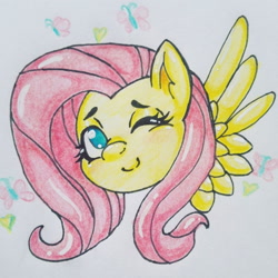 Size: 1576x1576 | Tagged: safe, artist:evyxhearts, imported from derpibooru, fluttershy, butterfly, pony, bust, female, looking at you, no pupils, one eye closed, portrait, smiling, solo, traditional art, wings, wink