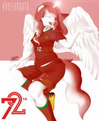 Size: 2300x2800 | Tagged: safe, artist:pwnagespartan, imported from derpibooru, oc, oc only, oc:indonisty, alicorn, anthro, female, football, football jersey, indonesia, indonesian independence day, one eye closed, smiling, solo