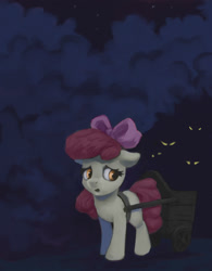 Size: 1172x1500 | Tagged: safe, artist:egn, imported from derpibooru, apple bloom, pony, atg 2017, darkness, equestria daily exclusive, female, filly, forest, glowing eyes, newbie artist training grounds, scared, solo, wagon