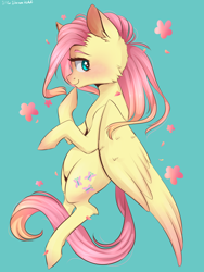 Size: 1200x1600 | Tagged: safe, artist:silbersternenlicht, imported from derpibooru, fluttershy, pegasus, pony, belly, blushing, cute, female, hoof on chin, looking at you, looking sideways, mare, profile, shyabetes, smiling, solo, wings