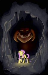 Size: 1125x1750 | Tagged: safe, artist:sirmortimeriii, imported from derpibooru, fluttershy, dragon, pony, atg 2017, cave, floppy ears, lantern, mouth hold, newbie artist training grounds, raised hoof, scared