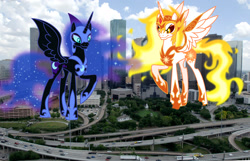 Size: 2500x1613 | Tagged: safe, artist:drakizora, artist:theotterpony, imported from derpibooru, daybreaker, nightmare moon, pony, city, giantess, highrise ponies, houston, irl, macro, photo, ponies in real life, story included, texas, this will end in pain, xk-class end-of-the-world scenario