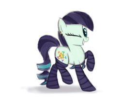 Size: 1008x809 | Tagged: safe, artist:heartlyrosalie, imported from derpibooru, coloratura, earth pony, pony, atg 2017, clothes, ear piercing, earring, female, jewelry, mare, newbie artist training grounds, one eye closed, piercing, simple background, socks, solo, striped socks, white background, wink