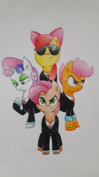 Size: 2322x4128 | Tagged: safe, artist:mustachedbain, imported from derpibooru, apple bloom, babs seed, scootaloo, sweetie belle, pony, atg 2017, clothes, cutie mark crusaders, female, filly, newbie artist training grounds, suit, sunglasses, traditional art